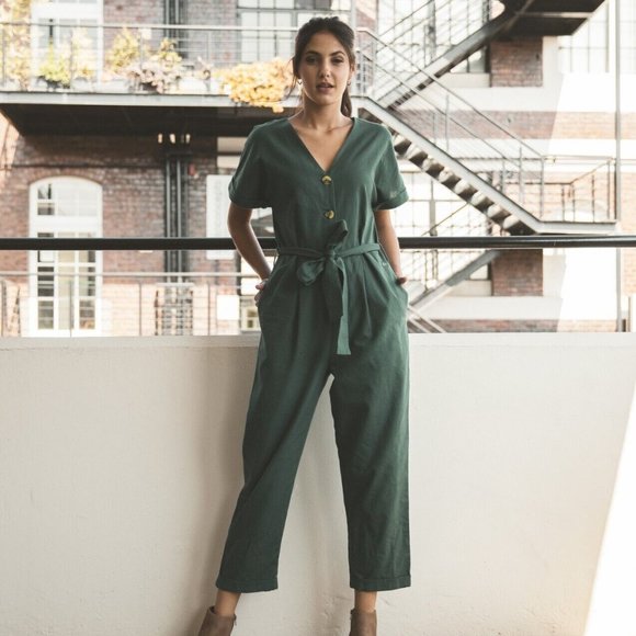 Old khaki jumpsuit Green Button Cotton Wide Leg M 10 - Picture 1 of 7